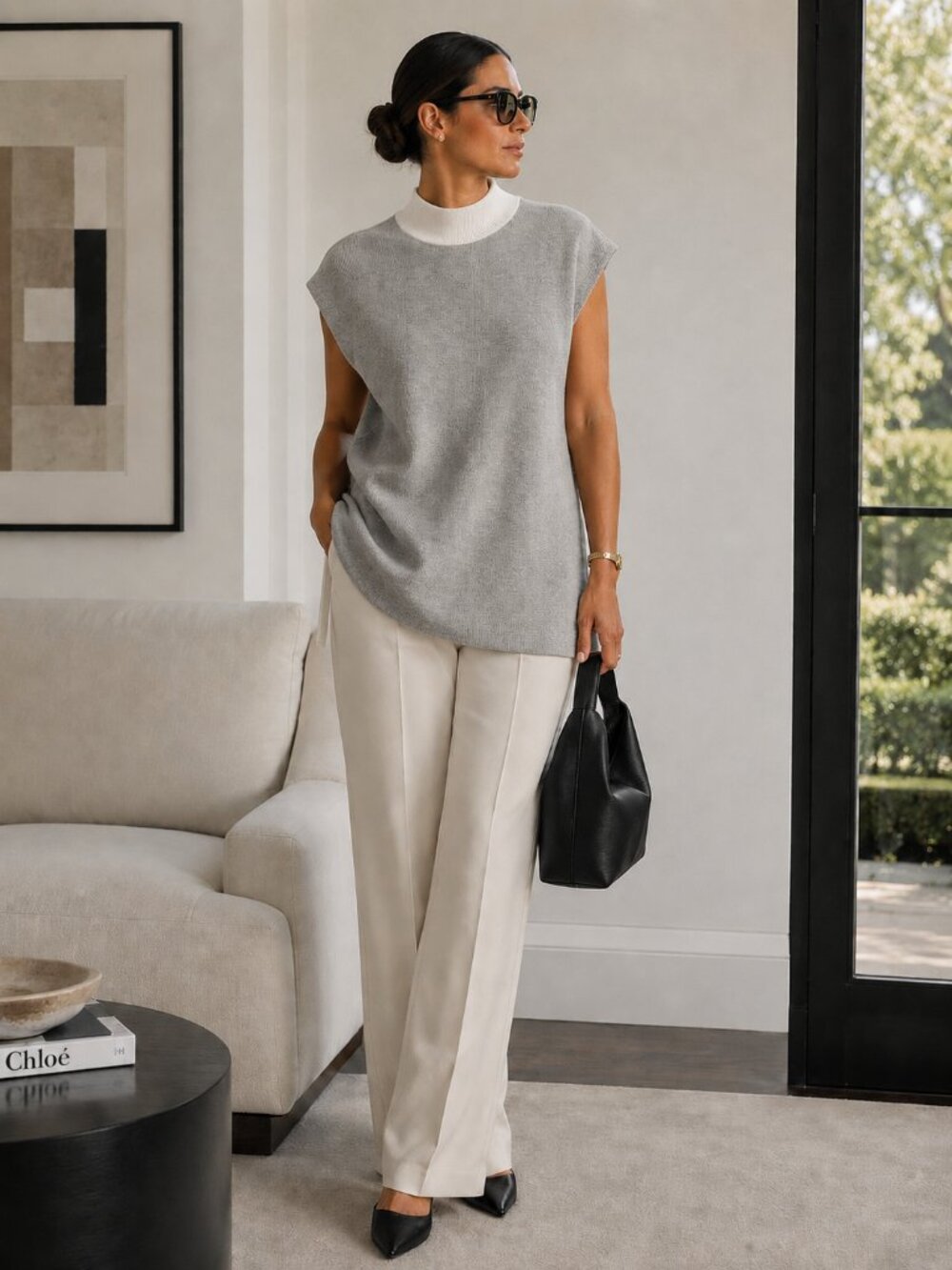 Eileen Fisher Gray and White Reversible Knit Tunic Top 100% Organic Cotton